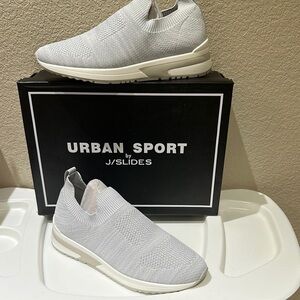 J/SLIDES Urban Sport light grey 2 tone knit sneakers. Slip-On Comfort. Size 8
